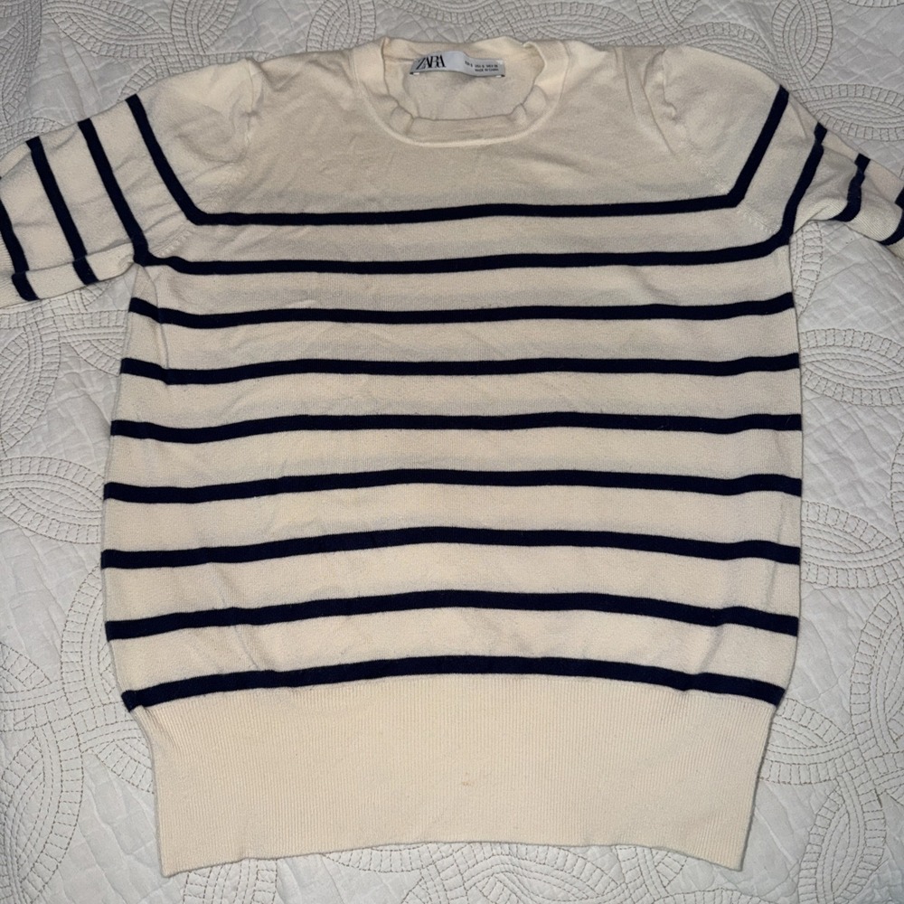 Zara Women's Sz S Cream Navy Striped Preppy‎ ClassicLight Weight Summer Knit Top